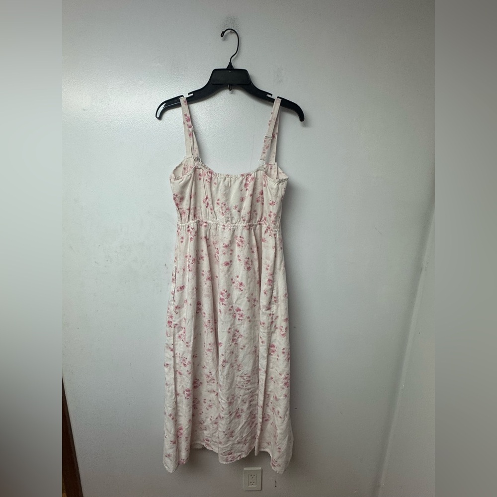 Sim & Sam Ivory Pink Floral Milkmaid Maxi Dress XL Linen Blend Corset Tie X - Picture 7 of 14